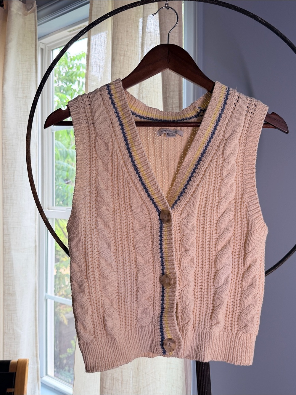 Cream Cable Knit V-Neck Button Vest Sweater